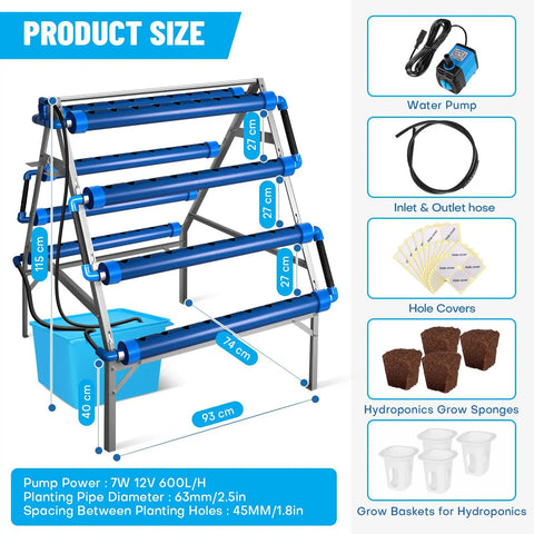 Illustration of an A Type Hydroponics Growing System Kit For Vegetables Fruits And Herbs With 72 Plant Sites And Food Grade PVC U Pipes.