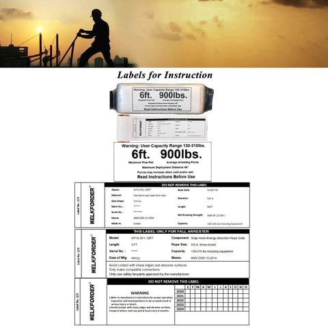 Instruction label for 50 Foot Vertical Lifeline Kit With Three Strand Rope And Rope Grab And Snap Hooks Shock Absorber For Fall Protection Pro Grade ANSI Compliant Safety Gear For Construction Roofing And Window Cleaning Worksite Ready