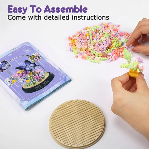 Easy To Assemble Two Pack Flower Bouquet Building Sets With LED Lighting, Botanical Mini Block Kit Featuring Bees And Butterflies, parts and instructions