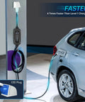 Portable Level 2 EV Charger 32A 7.2 kW connected to car with 5 meter cable and adapter for home or road trip charging.