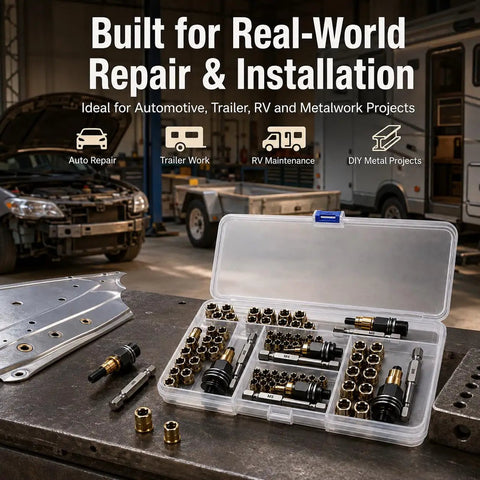 Zero Hassle Carbon Steel Rivet Nut Tool Set Loaded With M3 Through M8 Metric Heads shown in a clear case for auto repair.