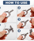 Instructional steps for assembling M8 X 30mm Eye Bolt Set Four Pcs 304 Stainless Steel Threaded Shoulder Eyebolts with washers and nuts.