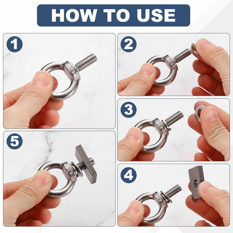 Instructional steps for assembling M8 X 30mm Eye Bolt Set Four Pcs 304 Stainless Steel Threaded Shoulder Eyebolts with washers and nuts.