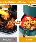 Comparison of an air fryer basket before and after using Two Pack Reusable Air Fryer Square Liners For 3 To 6 Qt, Red liner displayed.