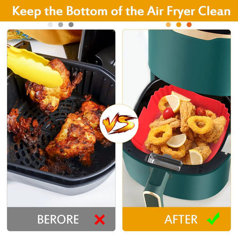 Comparison of an air fryer basket before and after using Two Pack Reusable Air Fryer Square Liners For 3 To 6 Qt, Red liner displayed.