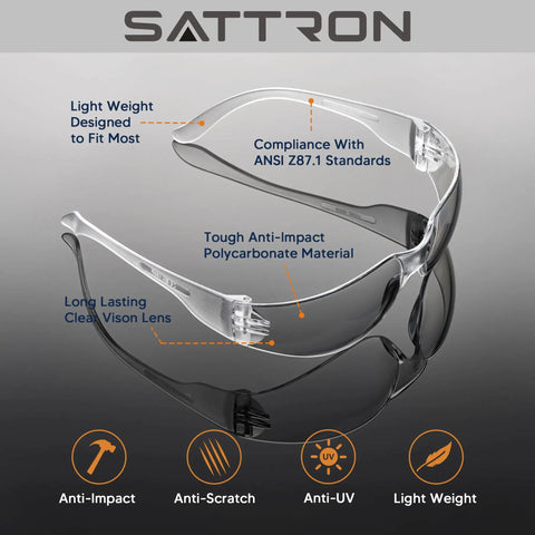 Tough As Nails Heavy Duty Clear Safety Glasses 100 Pack showcasing lightweight polycarbonate design with anti-impact and anti-scratch features.
