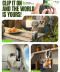MagSafe Phone Holder For Air Travel Compact Travel Gadget for iPhone 12 13 14 15 16 in use at campsite, plane, and kitchen.