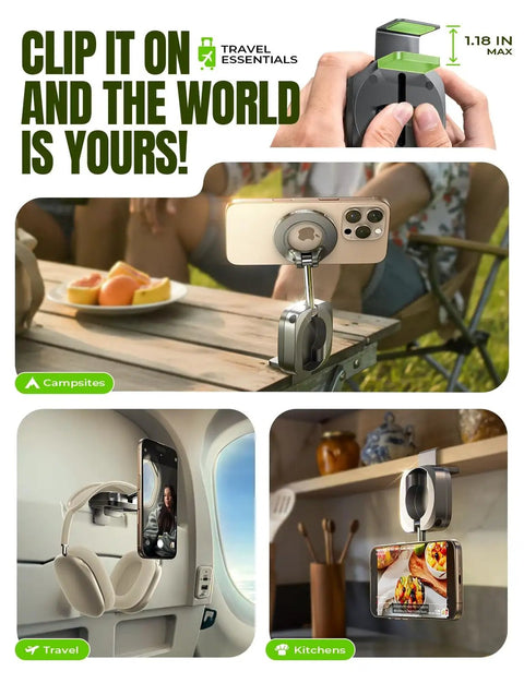 MagSafe Phone Holder For Air Travel Compact Travel Gadget for iPhone 12 13 14 15 16 in use at campsite, plane, and kitchen.