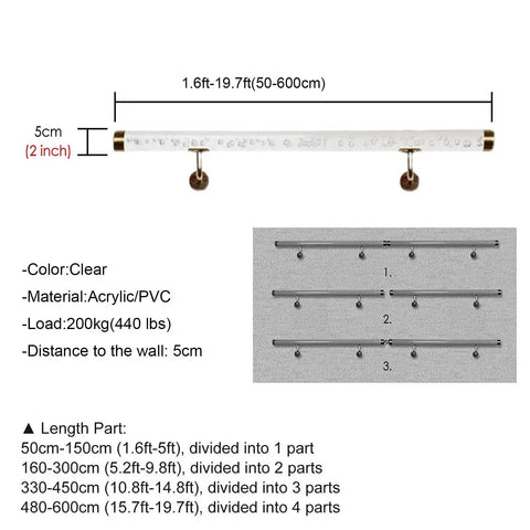 Hella Tough Clear Acrylic Railing One Point Six To Nineteen Point Seven Feet showing dimensions and load capacity of 200kg.