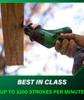 18V Cordless One Handed Reciprocating Saw cutting wood, ultra lightweight and compact, 3,200 SPM, built-in LED light