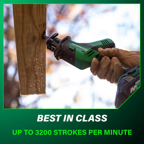 18V Cordless One Handed Reciprocating Saw cutting wood, ultra lightweight and compact, 3,200 SPM, built-in LED light