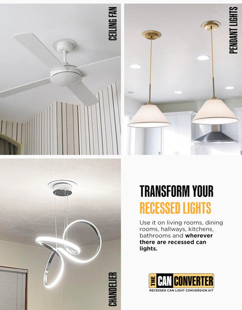 No Sweat Install Recessed Can Light Conversion Kit With 7 Inch Flat Steel Ceiling Medallion For 5 And 6 Inch Cans with ceiling fan and pendant lights.