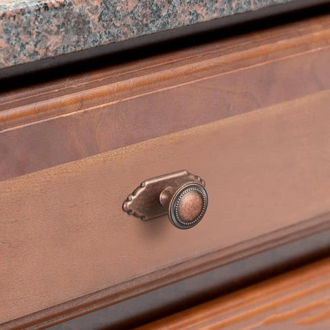 6 Pack Antique Copper Cabinet Knobs With Backplates, shown on a wooden drawer, zinc alloy hardware for kitchen cabinets