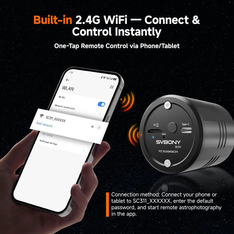 WiFi Telescope Camera With 30 Second Exposure IMX662 Sensor 2.1MP showing WiFi connection via smartphone for remote control