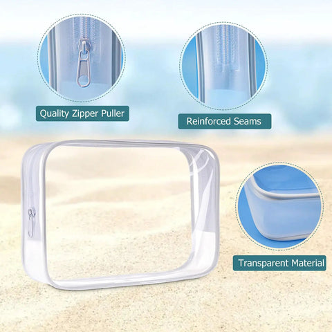 Close-up of transparent toiletry bag with quality zipper puller, reinforced seams, Leakproof Travel Bottles 4 Pack 3.4 Oz TSA