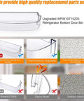 Refrigerator Door Bin Replacement Part WPW10710203 shown with weight and durability features displayed.