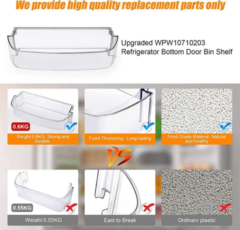 Refrigerator Door Bin Replacement Part WPW10710203 shown with weight and durability features displayed.
