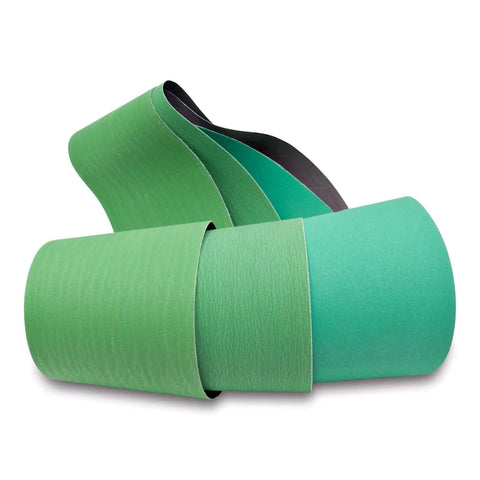 Beast Mode Ceramic Sanding Belts For Metal Grinding 4 By 36 Inch Set With 120 180 220 Grits, three belt pack in green.