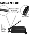 Low Profile 25 Gallon Oil Drain Pan With 110V High Flow Electric Pump showing foldable handle and non-slip rubber grip