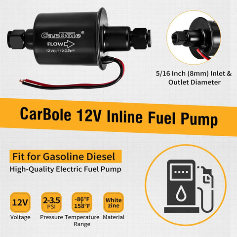 12V Low Pressure Inline Fuel Pump 2 To 3.5 PSI 24 GPH Flow Universal For Gasoline And Diesel Engines with 5/16 Inch Hose Fittings