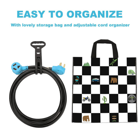 Beefy Heavy Duty 50 Foot 30 Amp Dryer And EV Extension Cord with storage bag and organizer, NEMA 10 30P to 10 30R, ETL listed.