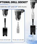 Optional drill socket for Heavy Duty Ice Anchor Tool Kit For Ice Fishing Shelter And Ice Houses showing 1/4" and 1/2" fit