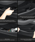 4 Piece Door Side Storage Organizer Set For Tesla Model Y Juniper 2025 2026 Front And Rear Door Pocket Box Inserts Made From TPE Material Black Durable Interior Fit With Easy Install And Seamless Integration shown in use holding items like water bottle and umbrella