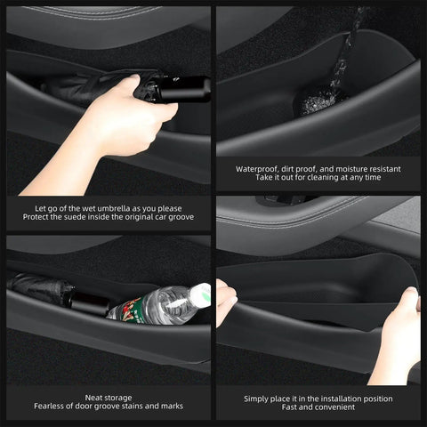 4 Piece Door Side Storage Organizer Set For Tesla Model Y Juniper 2025 2026 Front And Rear Door Pocket Box Inserts Made From TPE Material Black Durable Interior Fit With Easy Install And Seamless Integration shown in use holding items like water bottle and umbrella