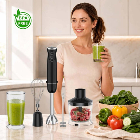 Top Shelf 1000W Five In One Immersion Blender Kit With Heavy Duty Food Chopper And Silent Whisk Tool displayed in a kitchen with fresh produce.