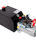 Heavy Duty 3200 PSI 12V DC Double Acting Hydraulic Power Unit Pump With 6 Qt Steel Reservoir side view showing motor and tank components.