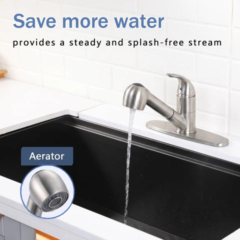 Solid Build Kitchen Faucet With Pull Out Sprayer Lead Free Stainless Steel Sink Mixer featuring aerator and water stream.