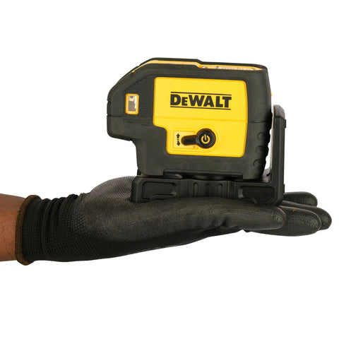 Professional Grade Self Leveling Laser Level Built Tough For The Jobsite held in hand, showing controls and size details.