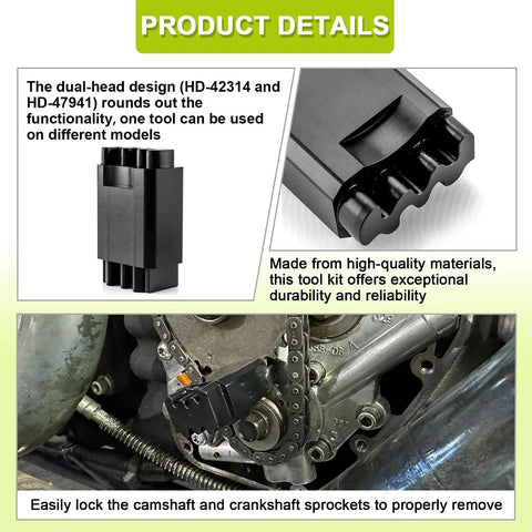 Mofun double-headed cam-locking tool for Harley Twin Cam engines; black metal, locks cam and crank sprockets.