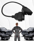 OBD1 To OBD2 GM Adapter Cable, 12 Pins To 16 Pins Extension For GM Vehicles with cars and mechanic in the background