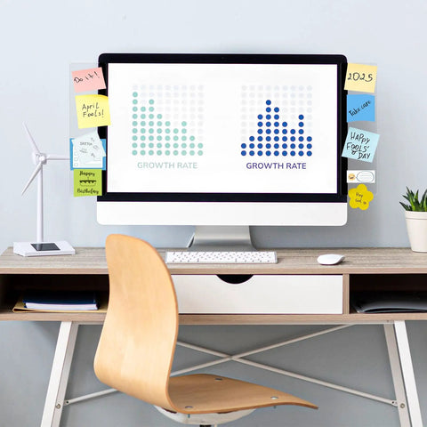 Monitor Memo Boards 2 Pack Transparent Acrylic Side Panels for computers with notes, on office desk with chair.