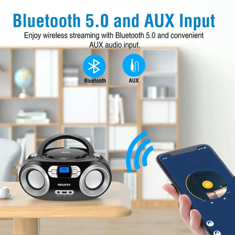 Portable CD Player Boombox With FM Radio Bluetooth USB Port And Aux Input For Home Or On The Go Compact Easy Use Design displayed