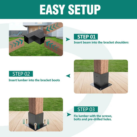 4 Pack T Shape Pergola Bracket Kit With Post Base For 4x4 Beams 3.5x3.5, Elevated Wood Stand, Heavy Duty Outdoor Patio Gazebo Sheds Construction, Easy Install, Weatherproof Support