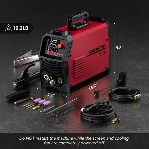 Beast 5 In 1 DC TIG Welder With Pulse HF Lift Spot And Stick Modes 200 Amp with cables and accessories, LED display visible