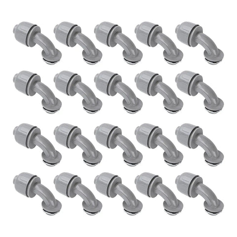 20 Pack Liquid Tight Connectors 1/2 Inch NPT Nylon 6 90 Degree Angle Fittings, gray, for electrical conduit installations.
