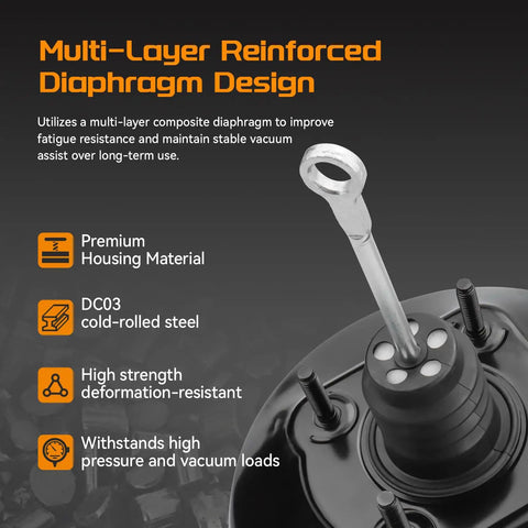 Multi-layer reinforced diaphragm design of Bulletproof Vacuum Power Brake Booster Straight Swap For Chevy Tahoe GMC Yukon Cadillac Escalade K1500 K2500 C1500 C2500 Suburban 1997 To 2000.