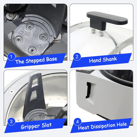 Close-up of Desktop Planetary Ball Mill Grinder 110V 150W details: stepped base, hand shank, gripper slot, and heat dissipation hole.