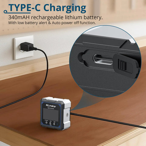 Pro Grade Digital Angle Finder With Laser Magnetic Box Level And USB C Rechargeable Battery IP54 Rating being charged via USB-C