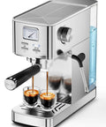 Premium Compact Espresso Maker With 20 Bar Italian Pump And Hella Smooth Milk Frother With Visual Pressure Gauge pouring espresso into double shot glasses.
