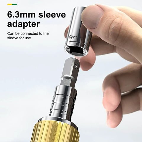 Ultimate 14 In 1 Ratchet Set With Adjustable 0 To 180 Degrees Angle For Tight Spots, Heavy Duty Screw Drill Bit Kit Includes 9 Bits Plus 5 Sockets For Home Repair Auto Maintenance Jobs The Total Fixer Upper That Gets It Done Right. 6.3mm sleeve adapter