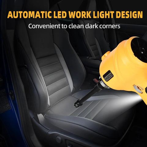 Cordless Dust Blower For 20V Battery High Power Handheld Air Duster Delivers 447 MPH Wind 50,000 RPM 3 Gear Stepless Speed Beast Mode For Garage Workshop Sawmill And Home Cleaning with LED light shown inside a car