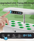 Close-up of Dope Indoor Hydroponics Growing System With 12 Pods, showing LCD temp humidity display and control panel.