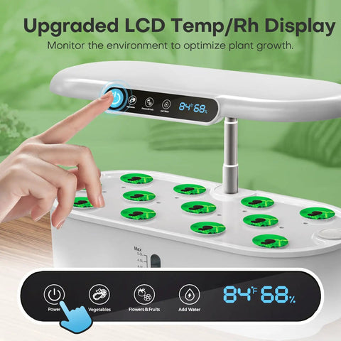 Close-up of Dope Indoor Hydroponics Growing System With 12 Pods, showing LCD temp humidity display and control panel.