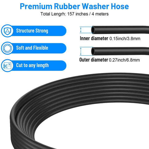Premium rubber 157-inch washer hose from 52 In 1 Windshield Washer Nozzle Kit For Chrysler Dodge Jeep Ram, strong and flexible.