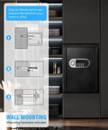 Wall-mounted 2.5 Cu Ft Home Safe Box, Heavy Duty Steel Digital Lock Security Safe with LED Light in cabinet, showing installation steps.