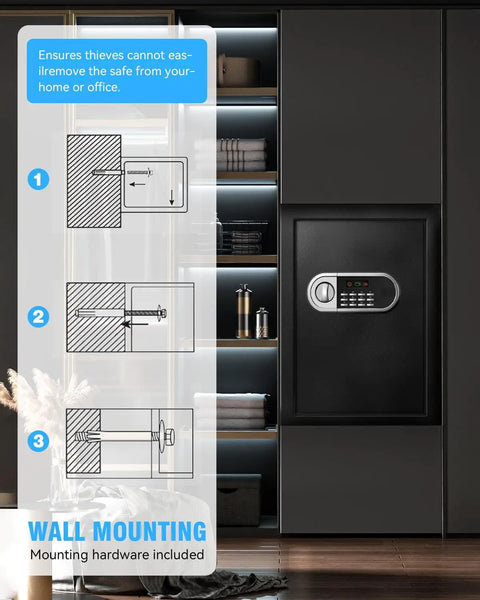 Wall-mounted 2.5 Cu Ft Home Safe Box, Heavy Duty Steel Digital Lock Security Safe with LED Light in cabinet, showing installation steps.